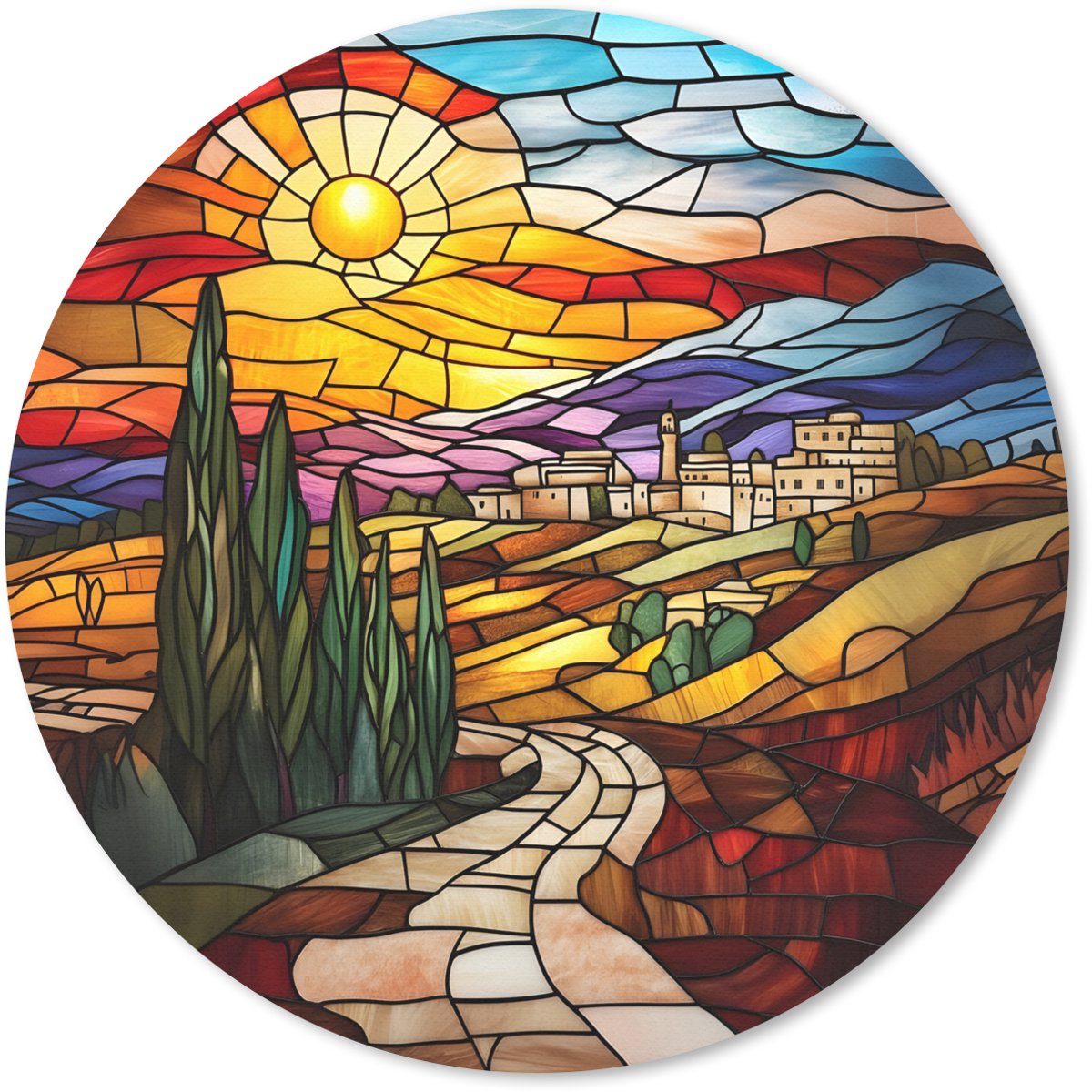 Muismat rond 40x40 cm - Mousepad Mozaïek - Zon - Landschap - Dorp - Ronde muismatten