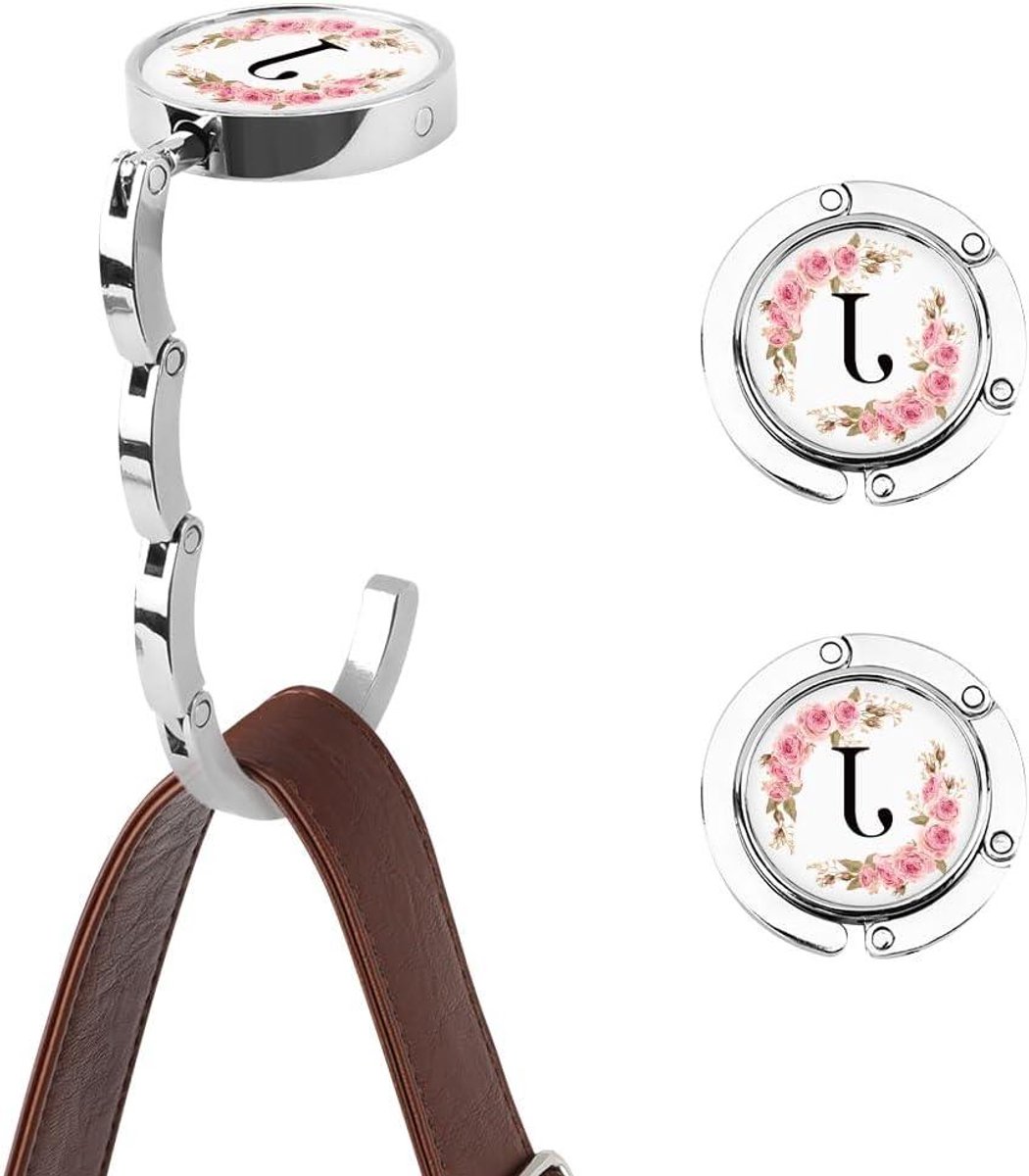 Initiaalzakhangers met bloemenpatroon en gepersonaliseerde tashaken - Set van 2 tashaken voor tafel (J) - Handige inklapbare tashangers - Stijlvolle accessoires voor vrouwen - Opbergoplossingen voor onderweg