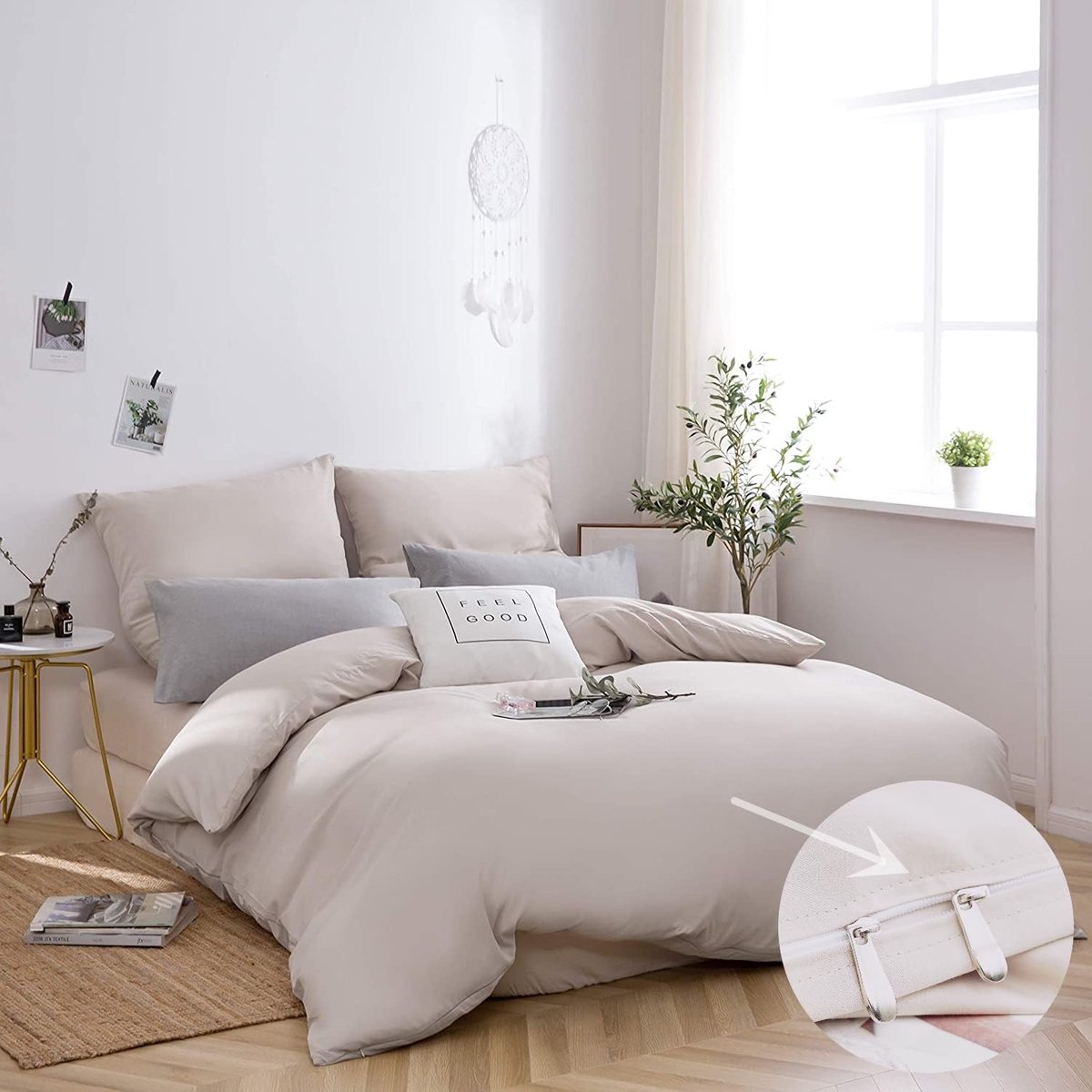 Ibenzoa Beddengoed Set van Geborsteld Microvezel met Ritssluiting in Beige – Dekbedovertrek en Kussensloop