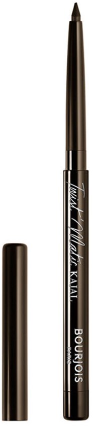 Zwarte eyeliner pen met dop, met de tekst "Twist Matic Kajal BOURJOIS" op een witte achtergrond.
