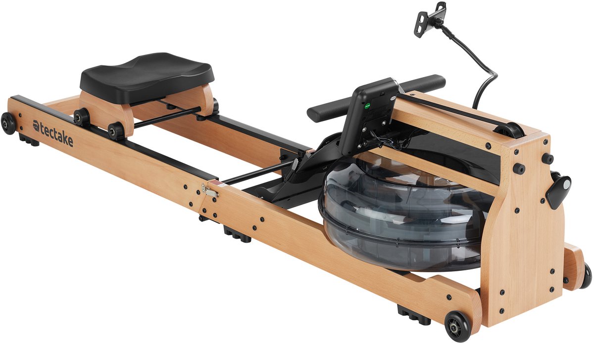 tectake® Houten Roeimachine - Opvouwbare Roeitrainer met 6 Weerstand Standen - Home Gym - Workout Roeiapparaat - Incl.Trainingscomputer - Bluetooth en Kinomap-app compatibel - Draagkracht tot 150kg
