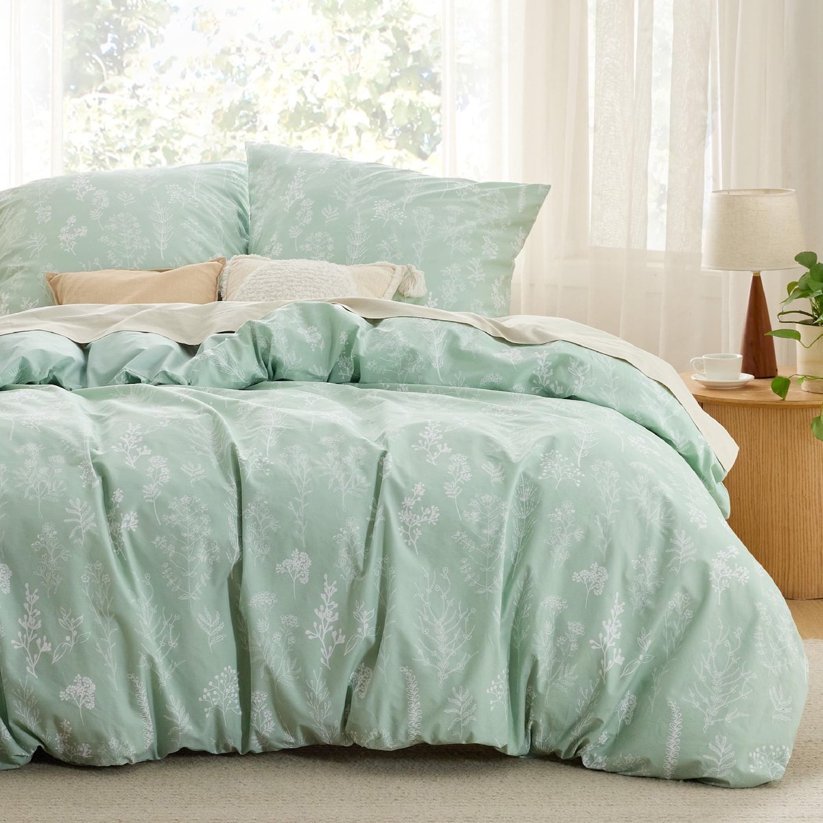 Ibenzoa Beddengoedset 220 x 240 cm van Katoen met Bloemenpatroon en Dubbelzijdig Ontwerp groen