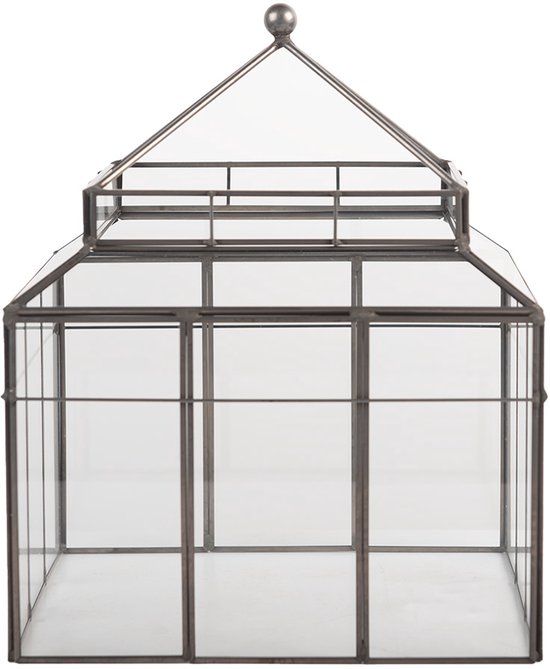 Glazen terrarium met metalen frame en puntig dak.