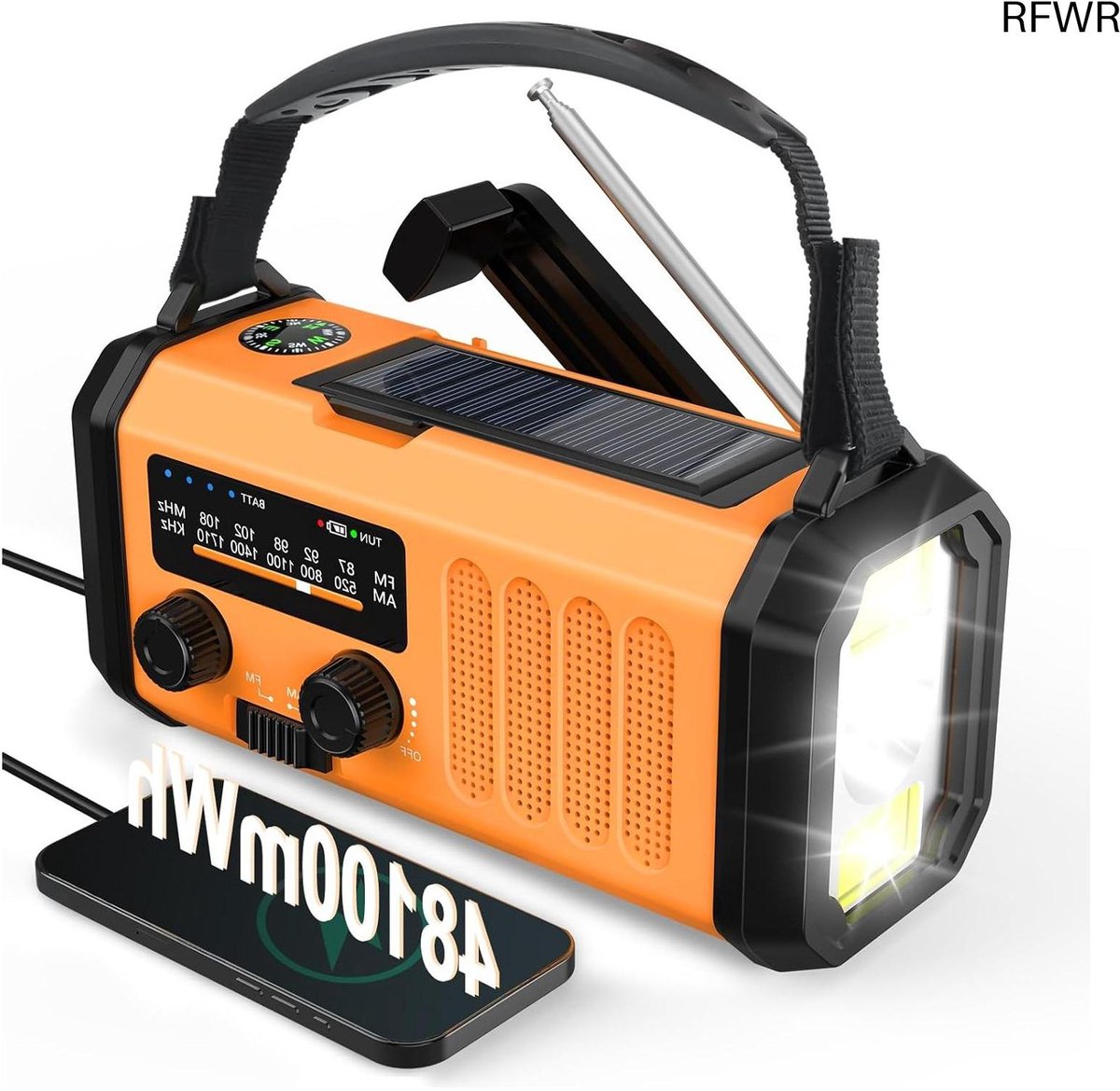 RFWR® Draagbare Noodradio met Zonne-energie en Dynamo, 13000mAh Batterij, AM/FM Radio, LED Zaklamp en Leeslamp, SOS Alarm en Kompas voor Overleving