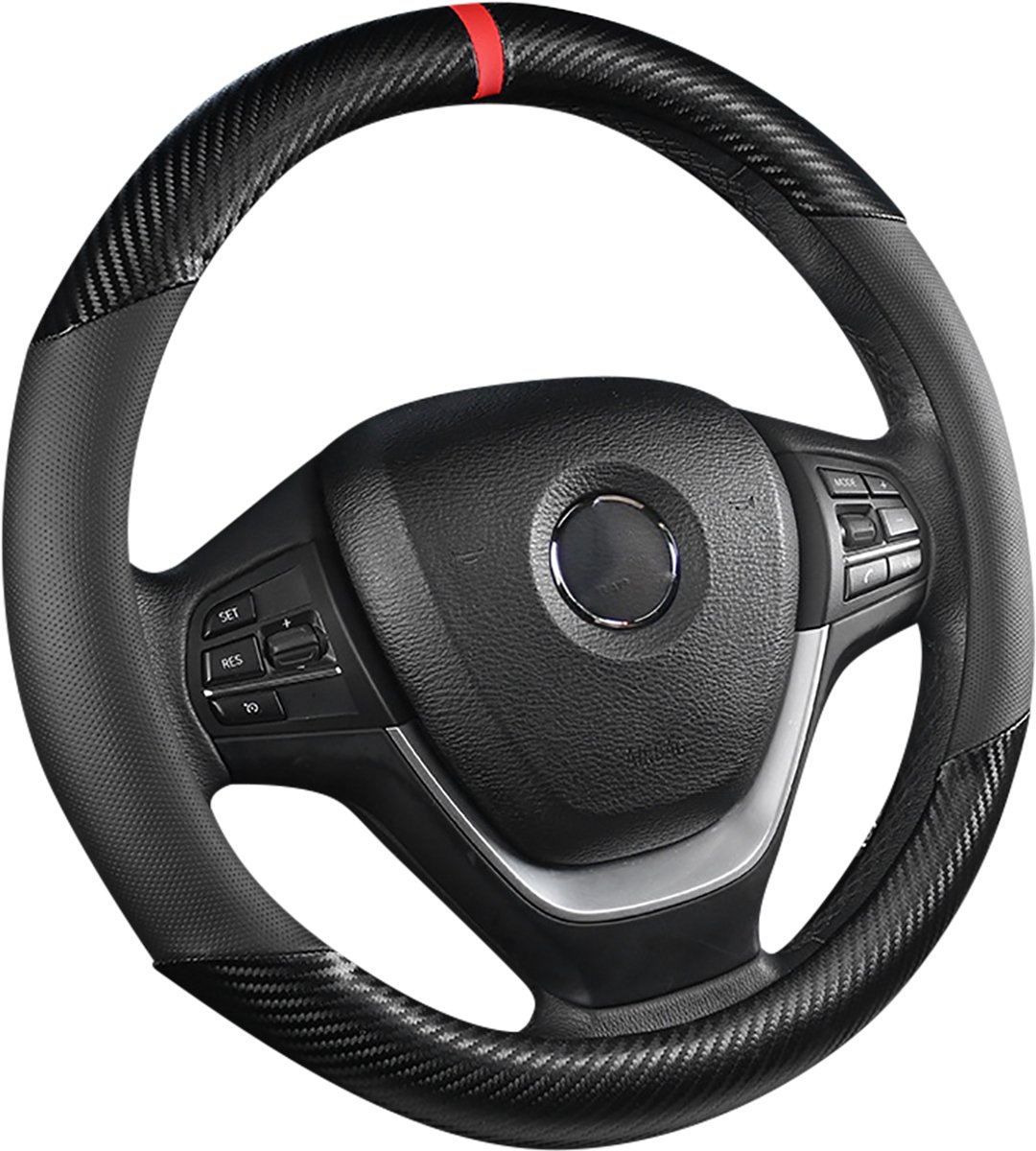 Luxe Stuurhoes Auto 37-38 cm - Carbon Zwart Rood - Voorgevormd - Kasey Products