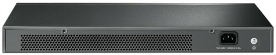 Zwarte TP-Link netwerkswitch achterkant met stroomaansluiting en ventilatie.