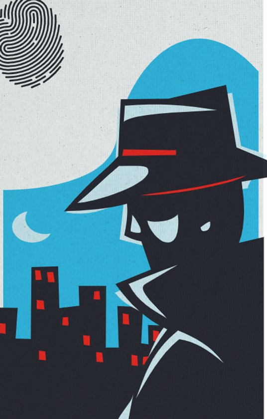 Illustratie van een detective in een fedora en trenchcoat, met een stad en maan op de achtergrond. Vingerafdruk in de linkerbovenhoek.