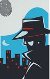 Illustratie van een detective in een fedora en trenchcoat, met een stad en maan op de achtergrond. Vingerafdruk in de linkerbovenhoek.