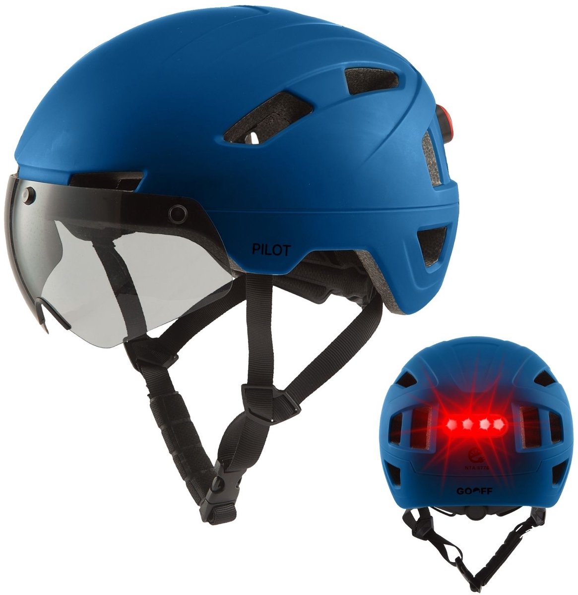 GOOFF® Pilot 3-in-1 Snorfiets Helm met Verlichting en Vizier - Speed Pedelec Fietshelm voor Volwassenen - NTA 8776 - Snorscooter Helm met LED Licht - Goedgekeurd voor Blauw Kenteken en E Bike - Dames en Heren - L - Matblauw