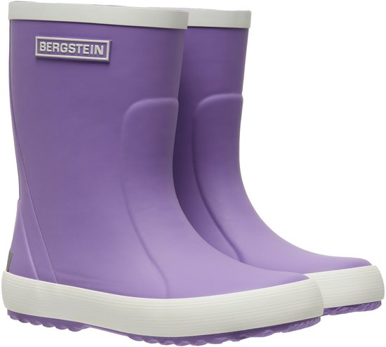 Deux bottes de pluie Bergstein lavande avec semelles et bordures blanches.