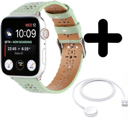 Bracelet adapté pour Convient au bracelet Apple Watch avec motif de bracelet en cuir (vert clair) - Pour les modèles : 42/ 44/45/49 mm Incl. Chargeur adapté pour Apple Watch 1/2/3/4/5/6/7/8/9/ Ultra - Câble de charge - Câble