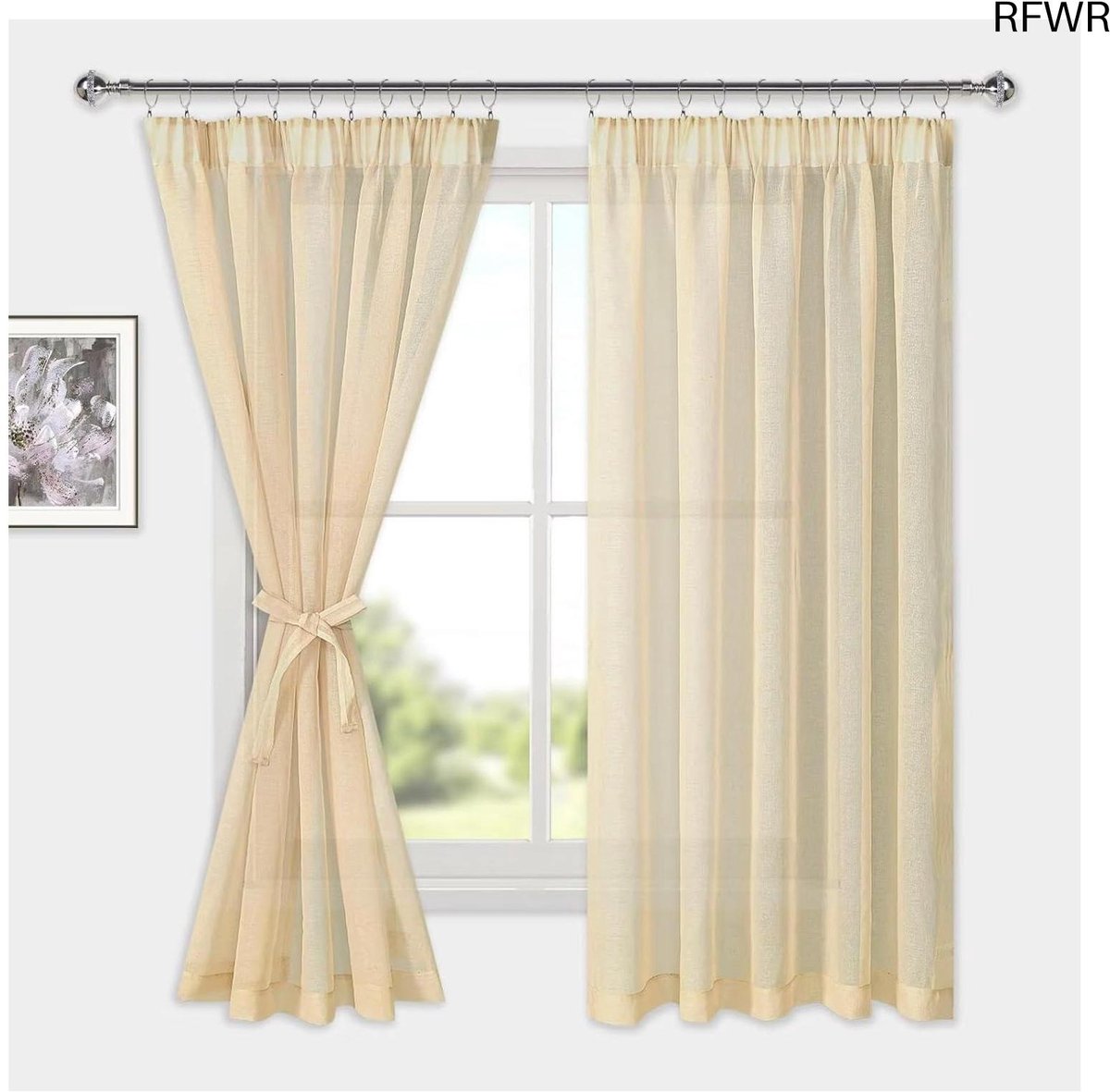 RFWR Voile Gordijnen met Plooiband, Linnenlook, 2 Stuks, Semi-Transparant, Beige, 160 x 140 cm