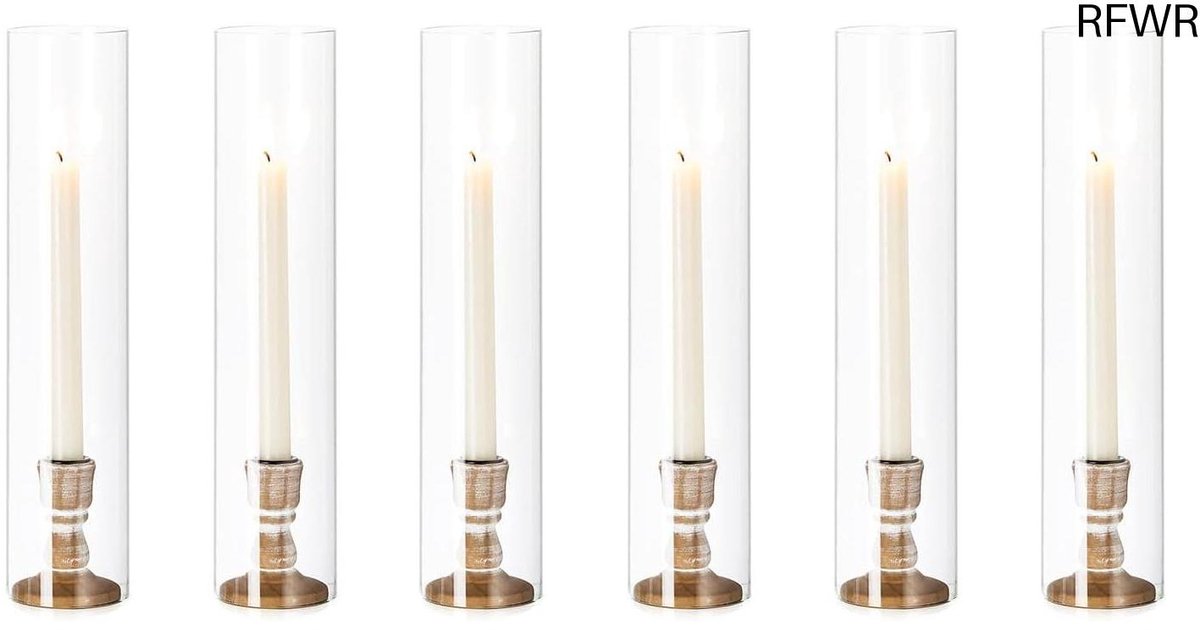 RFWR® Houten Glazen Orkaan Kandelaar Set van 6 - 35 cm Hoog, Taper Kandelaar voor Binnen en Buiten, Perfecte Decoratie voor Bruiloften en Feestjes