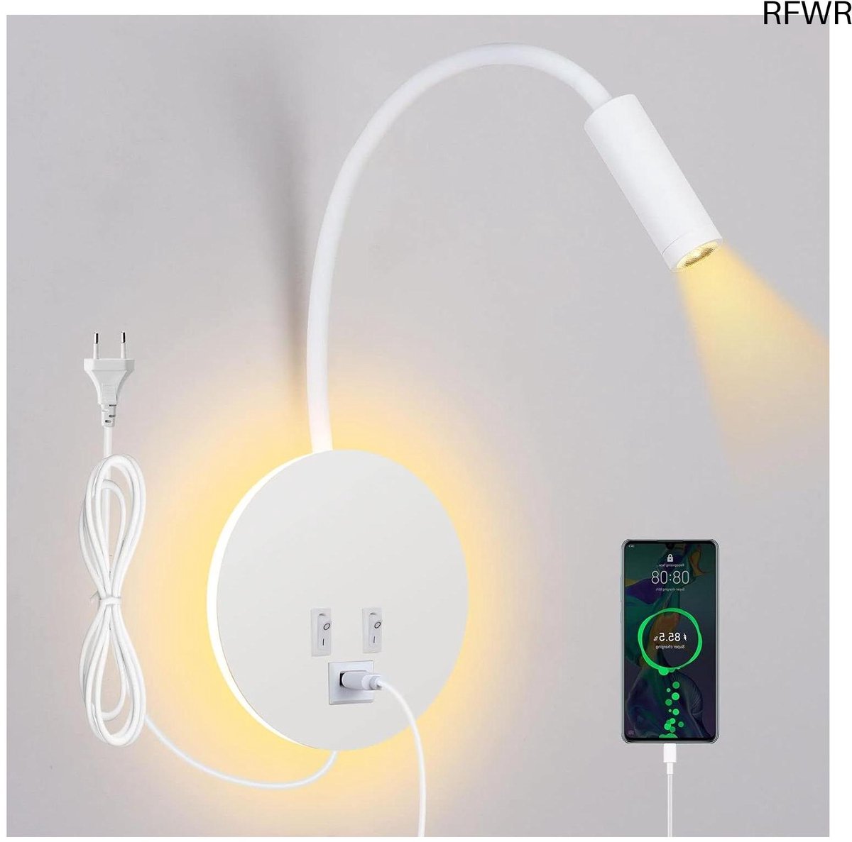 RFWR® Wandleeslamp met USB Oplader - Draaibare Zwanenhals en 2 Schakelaars voor Slechte Klinieken