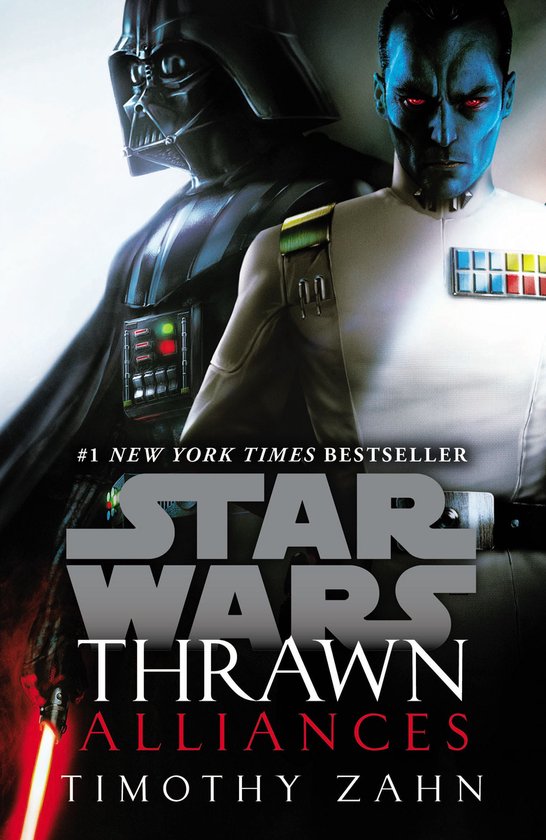 Boekcover van 'Star Wars: Thrawn Alliances'. Darth Vader en Grand Admiral Thrawn staan naast elkaar. Vader draagt zijn zwarte pantser, Thrawn draagt een wit uniform.