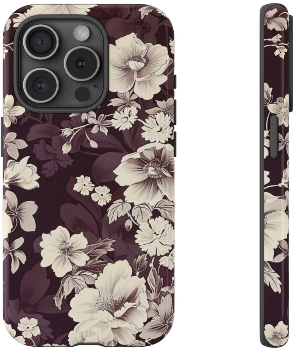 Vintage Witte Bloemenprint – Telefoonhoesje Geschikt voor iPhone 15 Pro