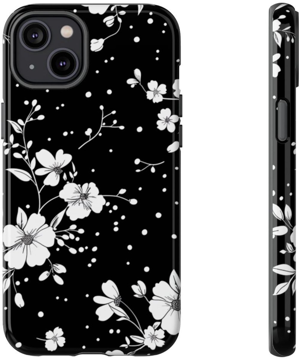 Zwart-Wit Bloemenpatroon – Telefoonhoesje Geschikt voor iPhone 14 Plus