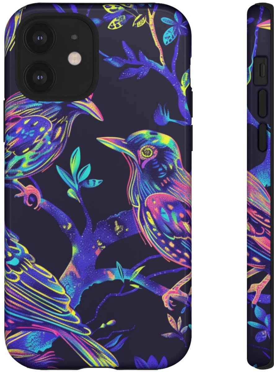 Neonkleurige Vogels op Takken – Telefoonhoesje Geschikt voor iPhone 12