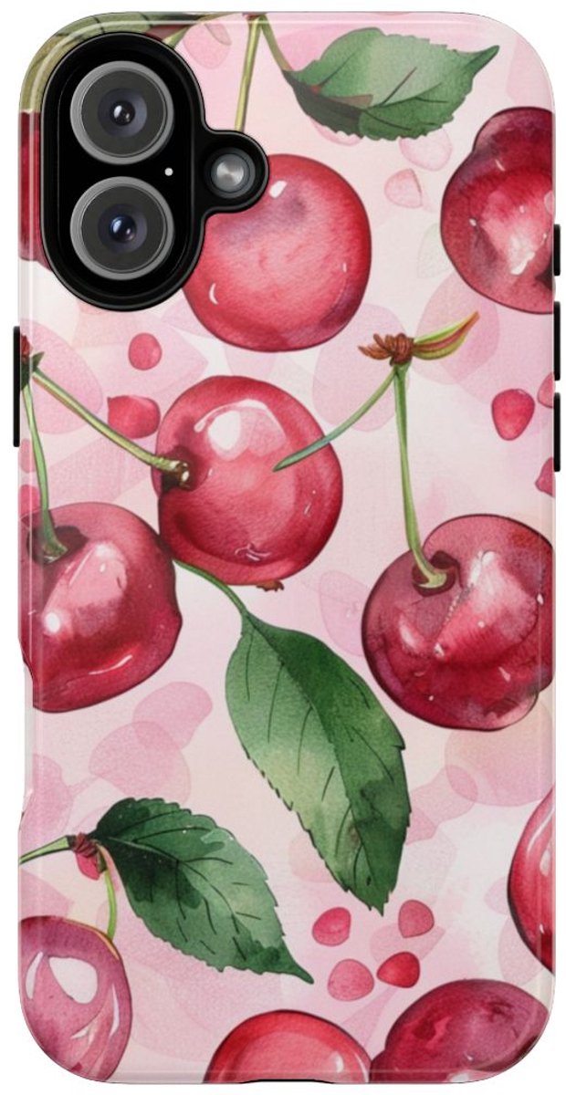 Aquarel Kersenpatroon – Glanzend Stevig Telefoonhoesje Geschikt voor iPhone 16 Plus