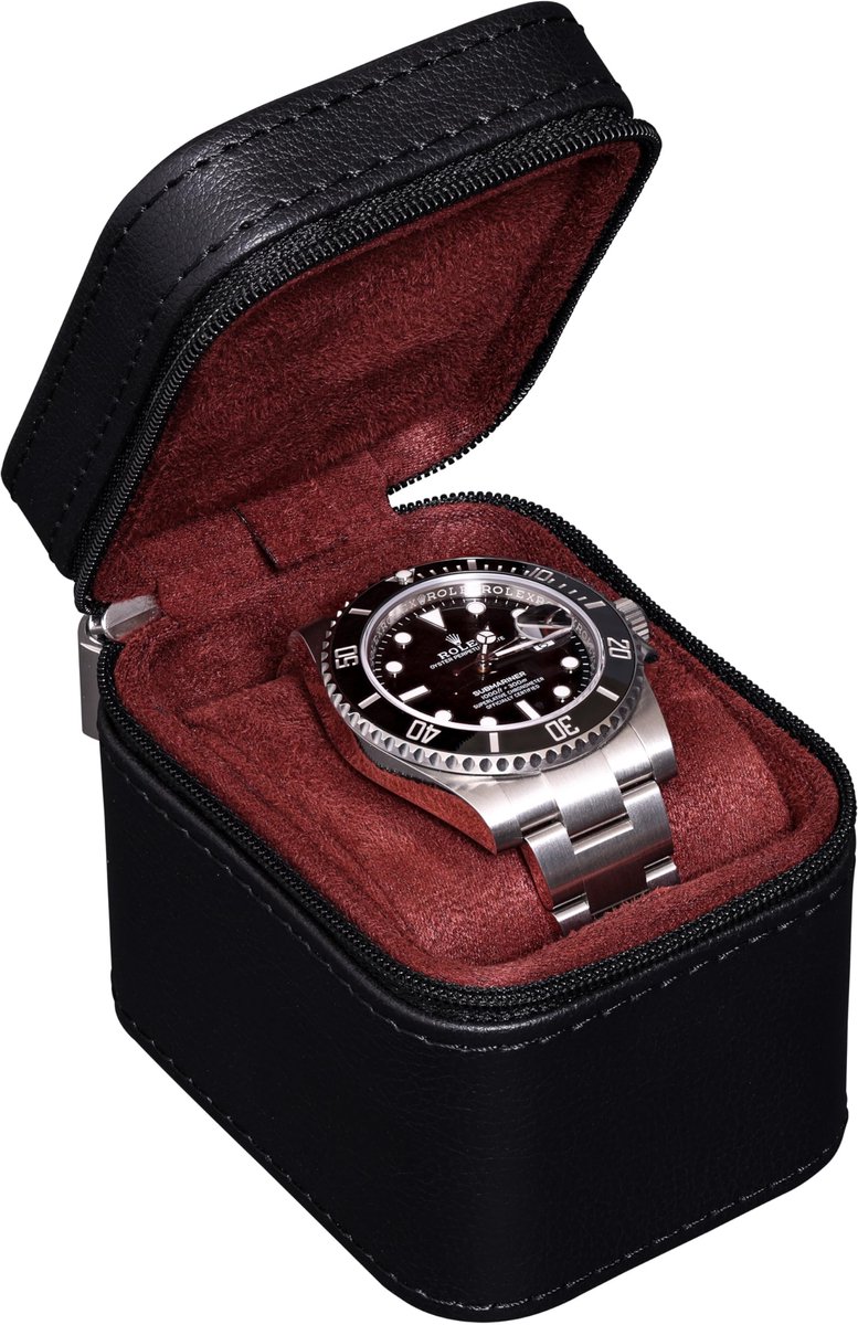ROTHWELL Reiskoffer voor losse horloges, compacte beschermhoes van PU-leer met microsuède binnenkant, geschikt voor horloges en smartwatches tot 55 mm (zwart-rood)