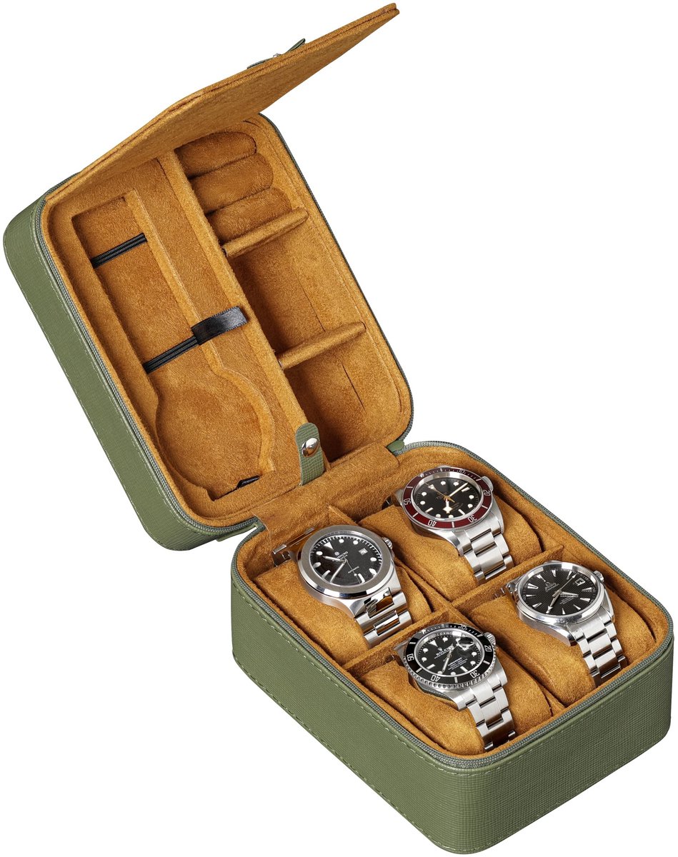 ROTHWELL Reiskoffer voor 5 Horloges, Opbergorganizer voor 5 Horloges | Duurzame, Draagbare Beschermer met Ritssluiting, Geschikt voor Alle Horloges en Smartwatches tot 50 mm (Groen-Bruin)