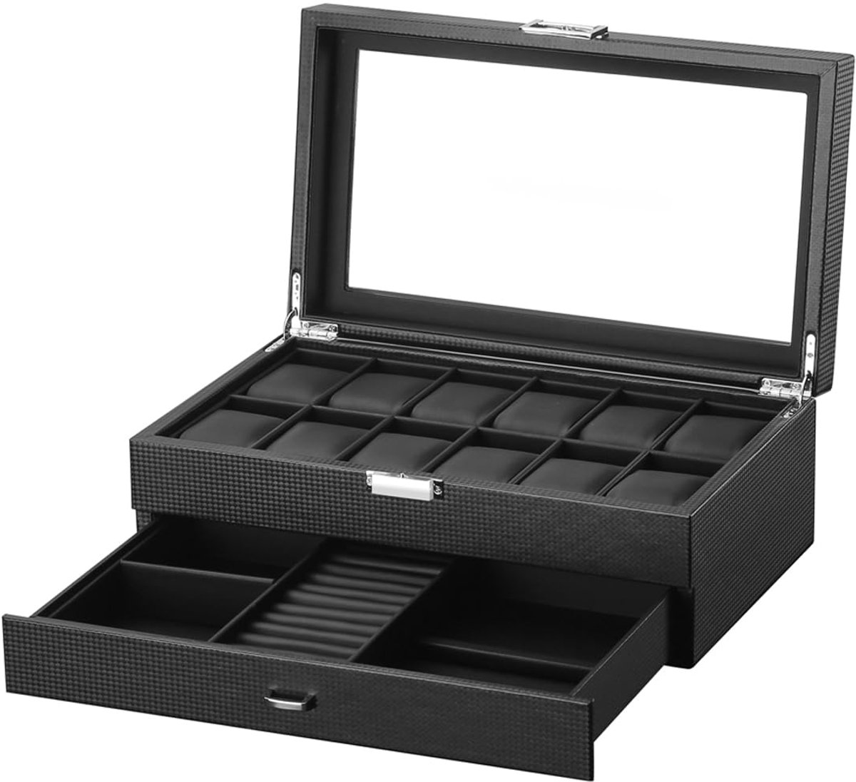 Horlogebox van leer met 12 compartimenten, met lade, luxe horlogebox, presentatie-organizer, horlogekast, sieradendoos met glazen displaydeksel voor horloges, ringen, armbanden (Carbon Fiber-W79T)