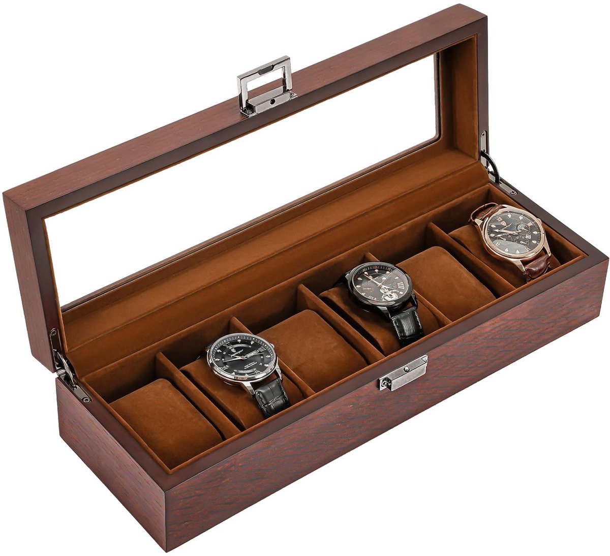 ProCase Horlogebox met 6 compartimenten, Houten horlogebox met glazen deksel, Horlogekast met horlogekussen, Horloge-opbergbox voor heren Horloge-organizer met glazen deksel - Espresso