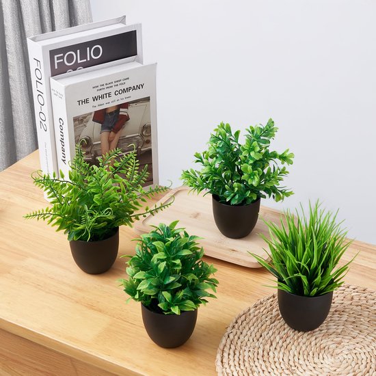 Coco Berming 2 stuks kunstplanten zoals echt, kunstplanten in pot, tafeldecoratie, groene planten voor woonkamer, kantoor, plastic decoratieve plant voor thuis, binnen (witte rand gespikkeld