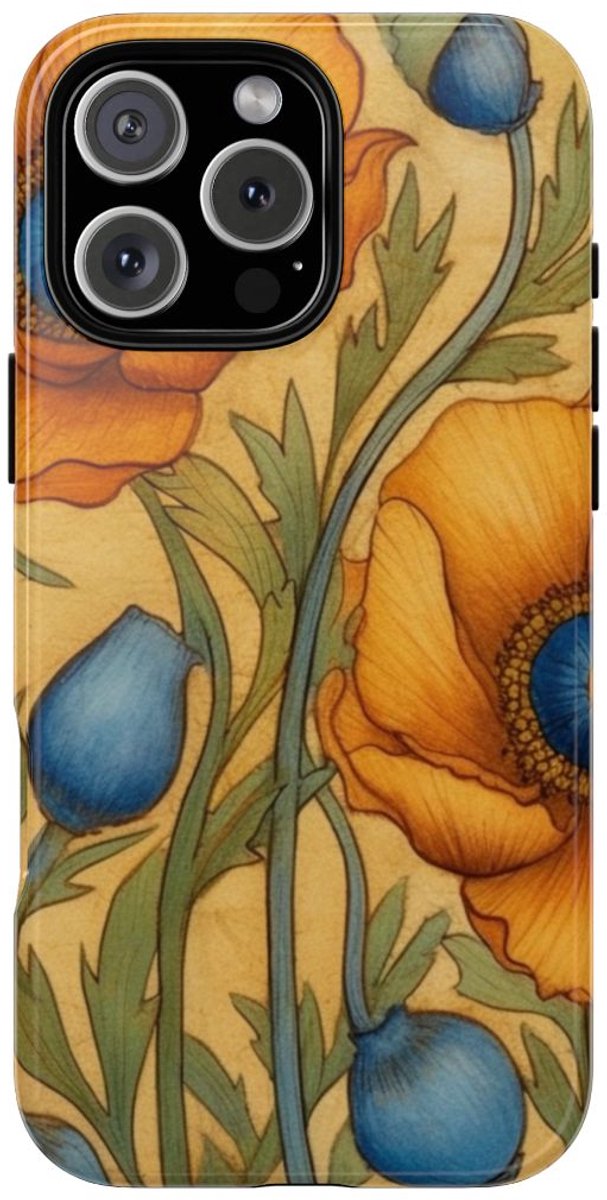 Gouden Klaprozen met Blauwe Harten – Telefoonhoesje Geschikt voor iPhone 16 Pro Max