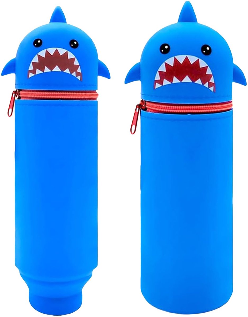2-in-1 Zacht Siliconen Etui - Kawaii Haai Design voor School - Rechtopstaand Pennenzak