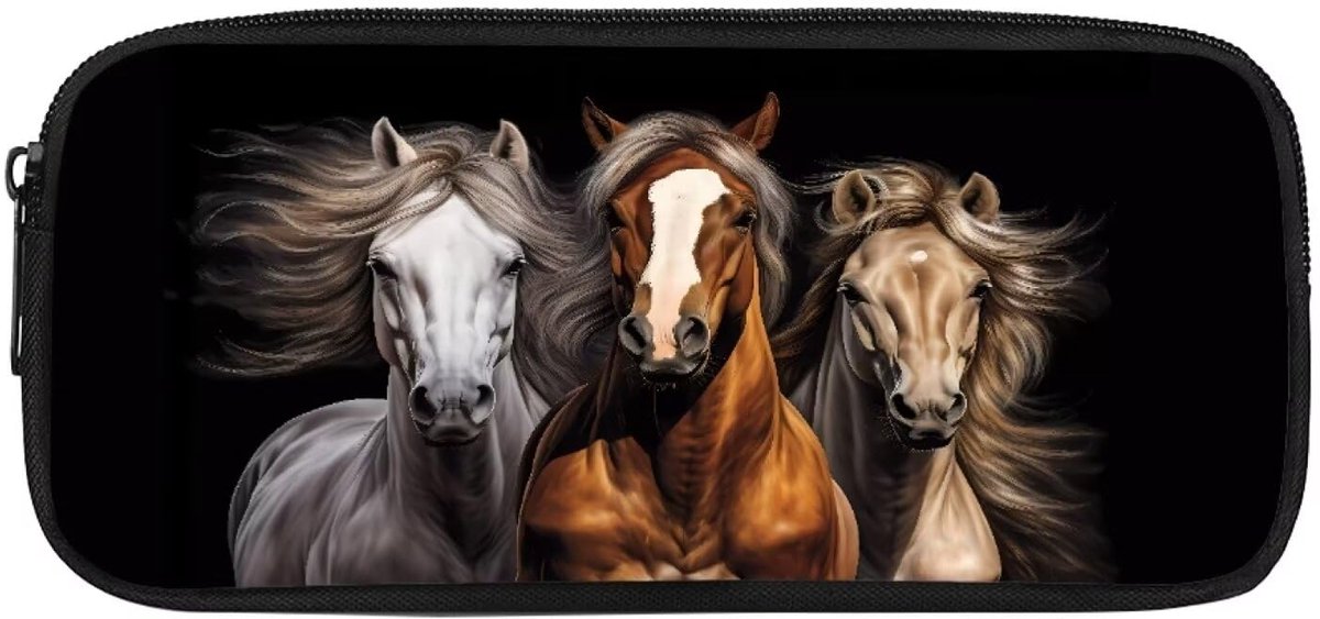 Pennenetui met Grote Capaciteit & Muntvak - School, Kantoor, Studie - Zwart Paardenprint