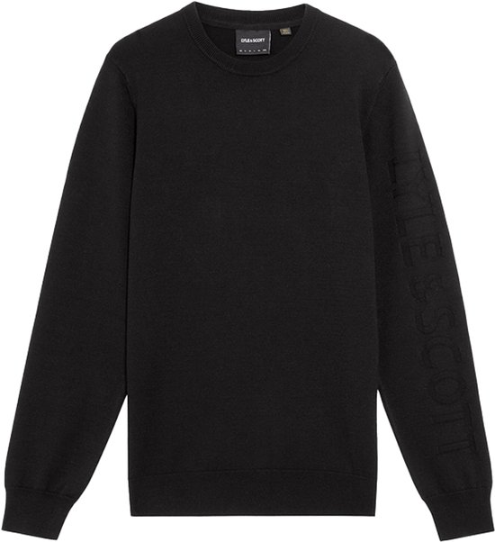 Zwarte ronde hals trui van Lyle & Scott met mesh logo op de mouw.