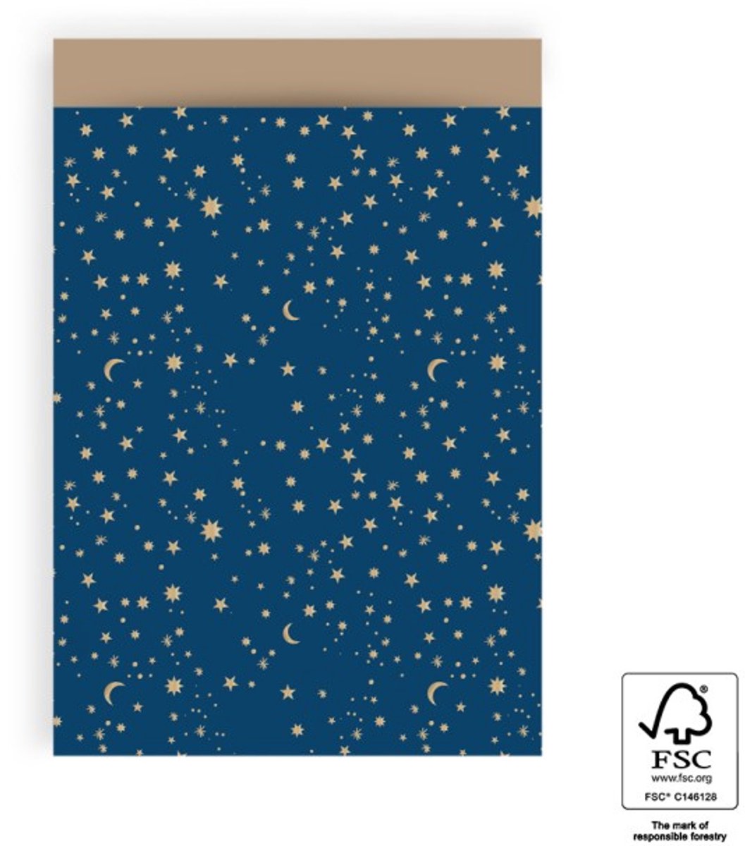 HOP - 10 Cadeauzakje 17x25 cm - Galaxy Foil Gold Blue - Taupe - Kerst - Nieuwjaar - Geboorte - Maan - Sterren