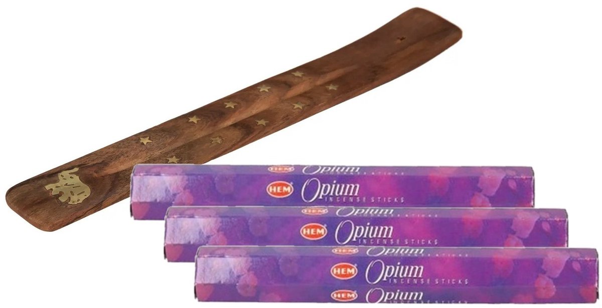HEM Wierook stokjes in Opium geur - pak van 60x stokjes - 25 cm - met houder/plankje - huisgeuren Lichtbruin