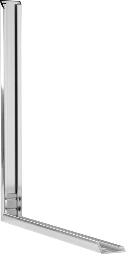 Hoekstuk van een zilverkleurige aluminium fotolijst met hoogglans afwerking.