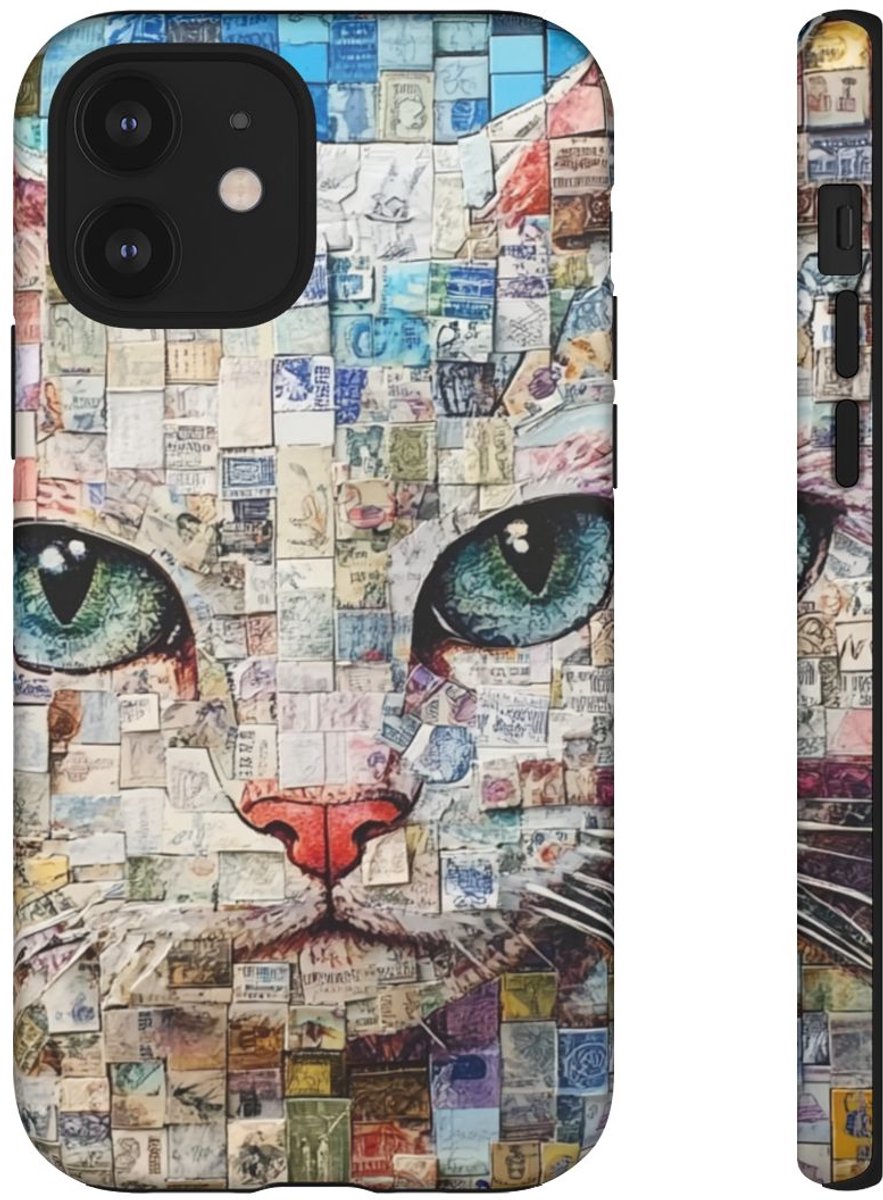 Kattengezicht Collage met Blauwe Achtergrond – Telefoonhoesje Geschikt voor iPhone 12