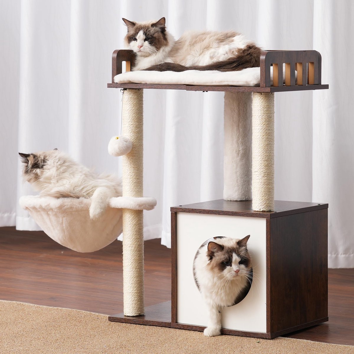 Ibenzoa® Houten Krabpaal met Groot Platform, Kattenmand en Sisal Krabzuilen voor Alle Kattenliefhebbers