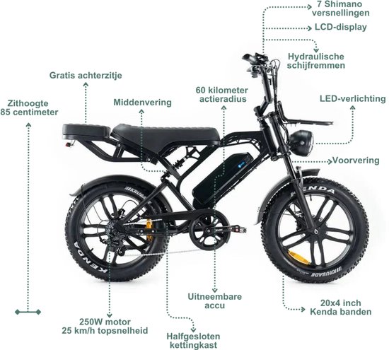 QMWHEEL V20 Pro Elektrische Fatbike - Ingebouwd Alarmsystseem - Inclusief Achterzitje - Inclusief Voetsteuntjes - Inclusief Voorrekje - 20 Inch - 250W Motor - 7 Versnellingen - 60 km Actieradius - Hydraulische Schijfremmen - Zwart van QmWheel — afbeelding 5