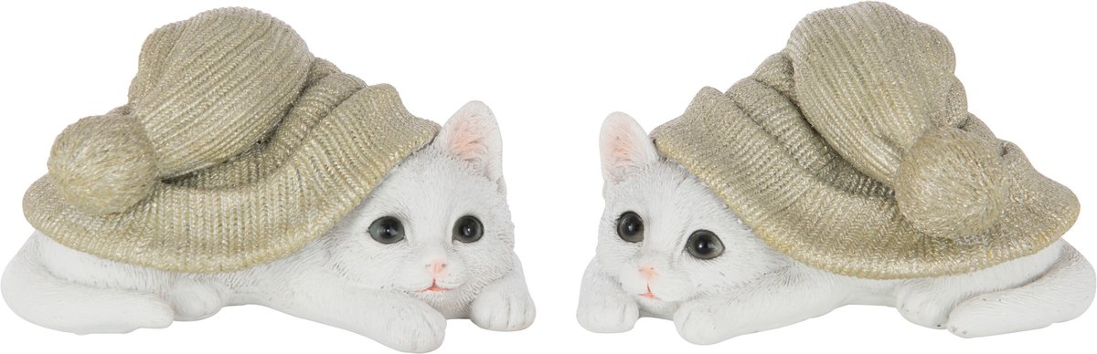 J-Line figuur Kat - polyresin - groen/wit - large - 2 stuks