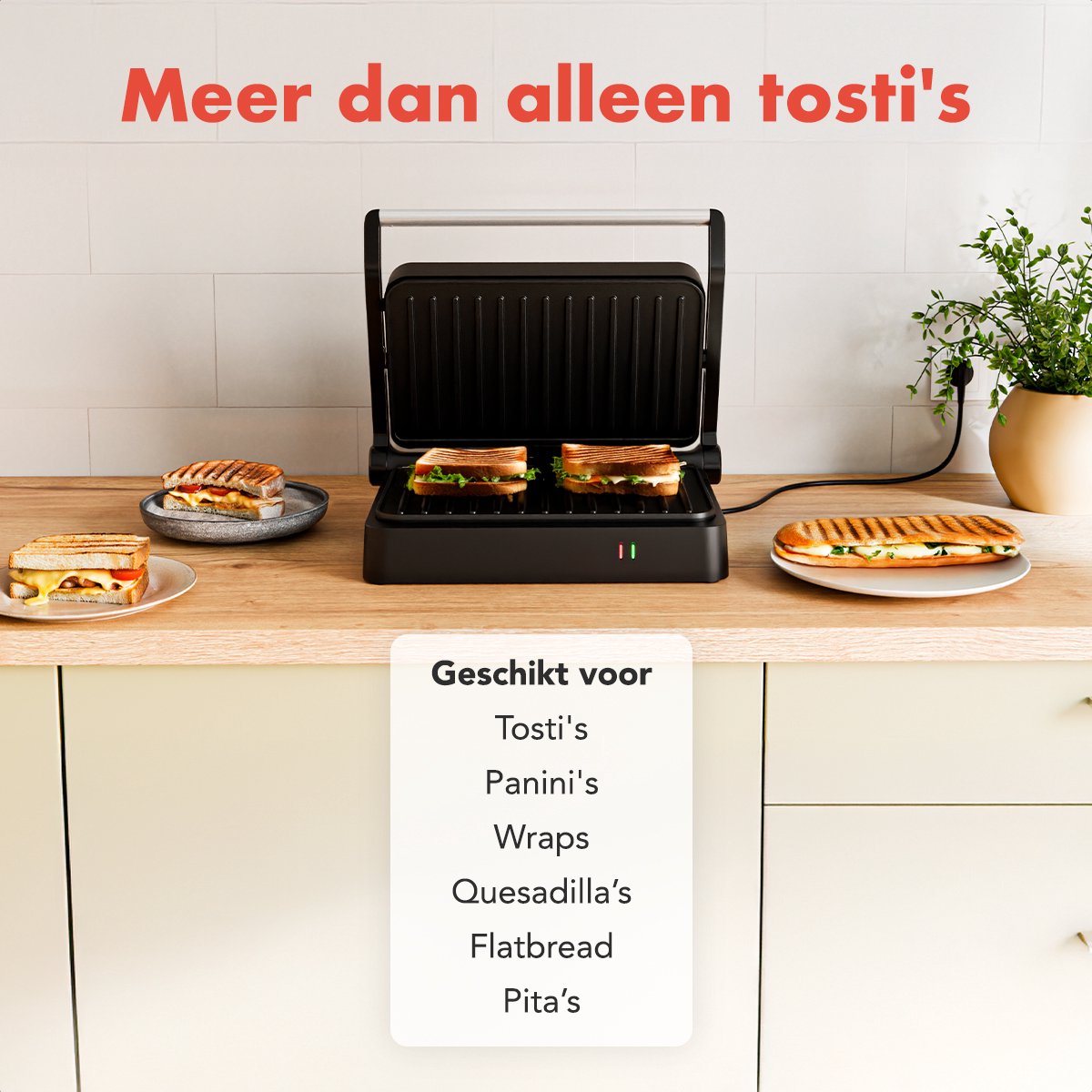 KitchenBrothers Contactgrill - Tosti Apparaat - Panini Grill - Tosti IJzer voor 2 Tosti's - 1200W - Zwart — cadeau in Kookcadeaus - foto 3