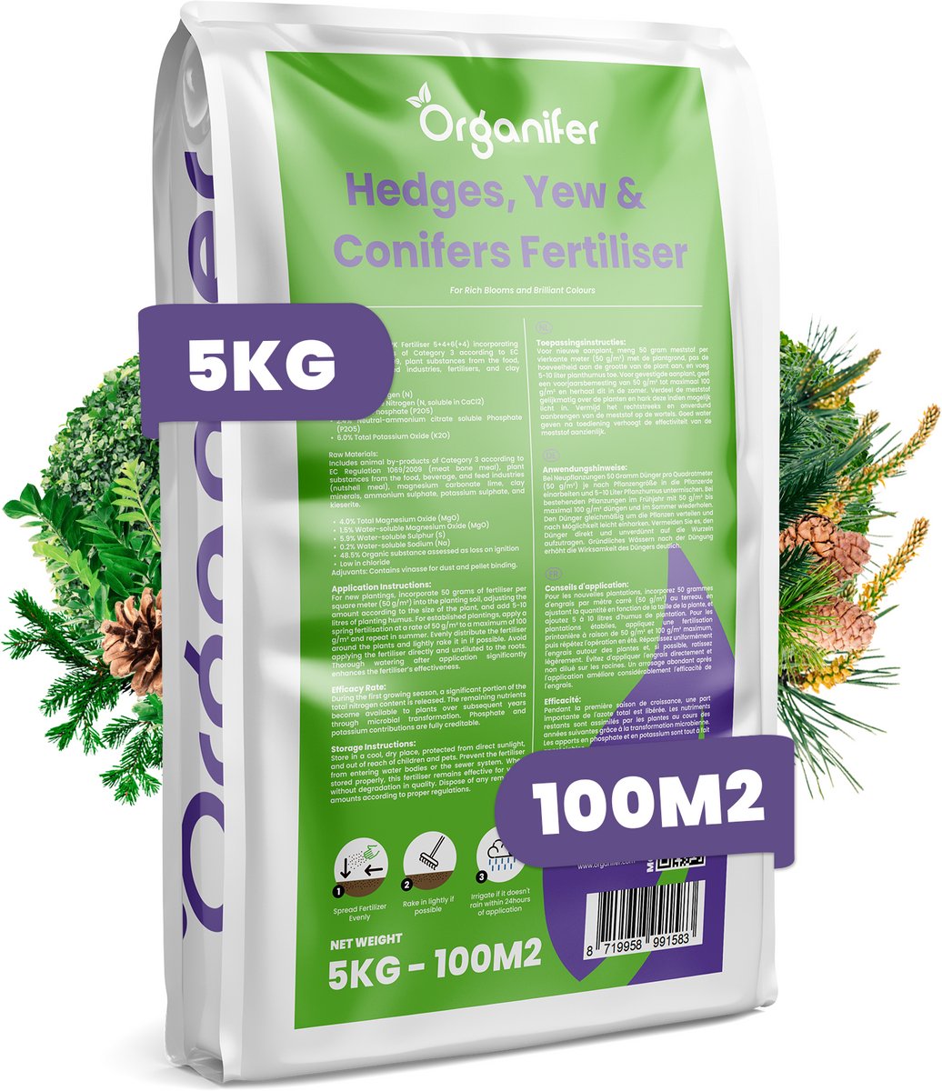 Hagen, Taxus & Conifeer Meststof All-In-One - 5 Kg Voor 100 M2 - Voor Een Gezonde Groei En Groene Naalden En Bladeren - Verbetert De Bodemstructuur - Ideaal Voor Arme Of Droge Grond - Geschikt Voor Jonge Aanplant En Jaarlijks Onderhoud - Organifer