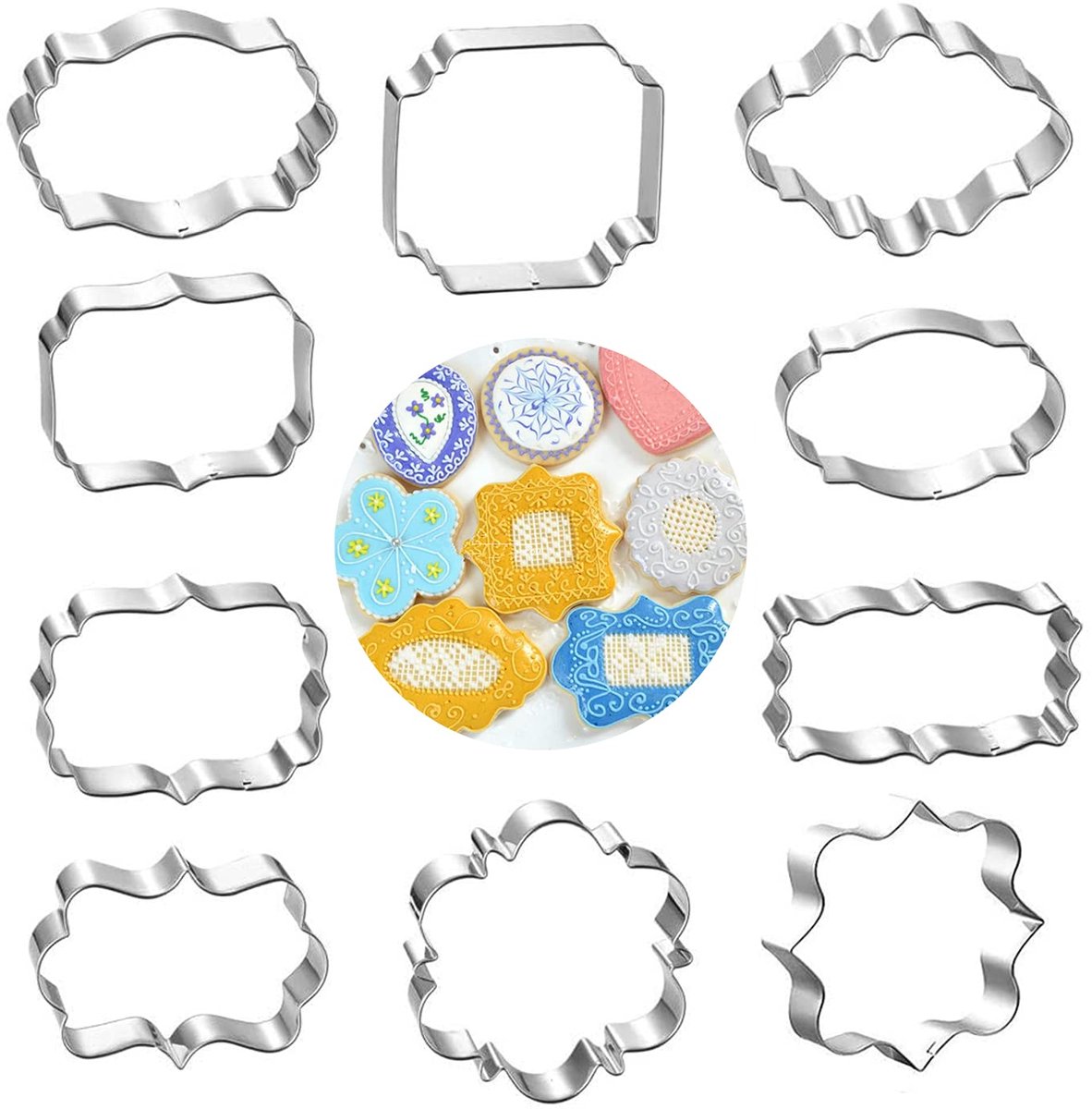 10 stuks koekjesvormpjes plaquette koekjesvormpjesset frame fondantvormpje koekjesvormen koekjesvormpje roestvrij staal fondant koekje kant frame voor het maken van koekjes, taarten, zepen, gelei etc.