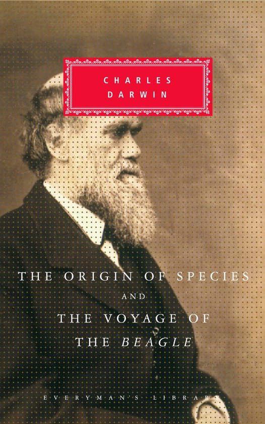 Boek met een bruin-grijze achtergrond. Een portret van Charles Darwin met een baard en gekleed in een donker pak. De titel luidt 'CHARLES DARWIN THE ORIGIN OF SPECIES AND THE VOYAGE OF THE BEAGLE'.