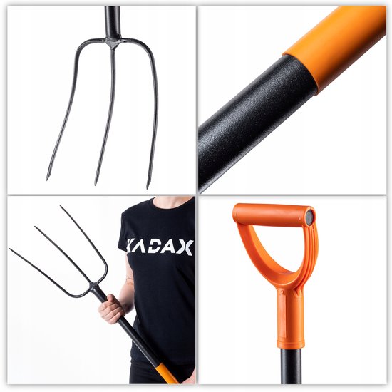 KADAX Spatvork van staal, 135 cm lange vork, hooivork, grafvork om te graven, ergonomische tuinvork, mestvork, vork met D-greep, tuinvork (3 tanden, zwart/oranje) van Merkloos	 — afbeelding 2