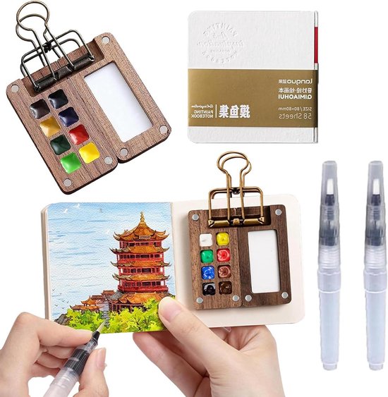 Mini Kit Aquarelle Voyage Portable 8 Grilles - Palette Carnet Pinceaux Pour Artistes Étudiants