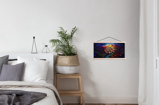 Posterhanger incl. Poster 60x30 cm - Schoolplaat - Stad - Maan - Mozaïek - Kleurrijk - Textielposter - Blanke latten