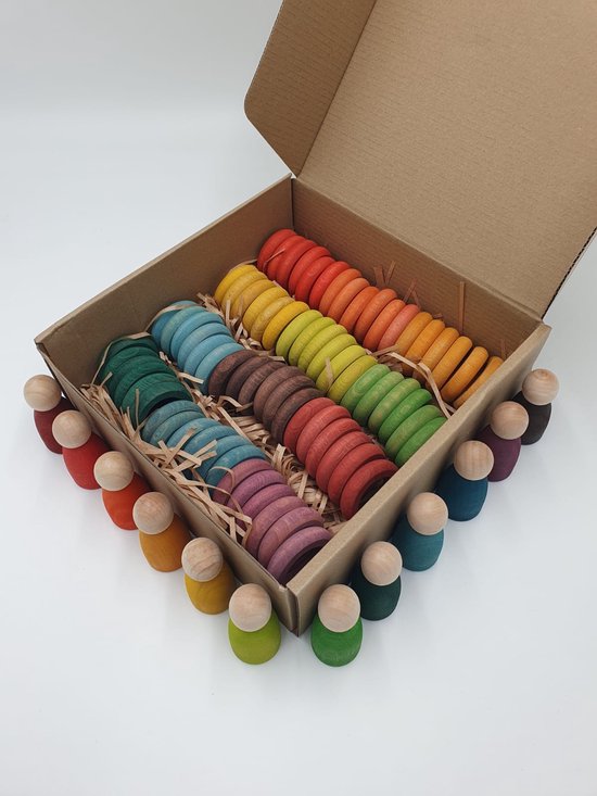 Houten munten, ringen en poppetjes - 84 stuks - Regenboogkleuren - Open einde speelgoed - Educatief montessori speelgoed van Houten — afbeelding 2