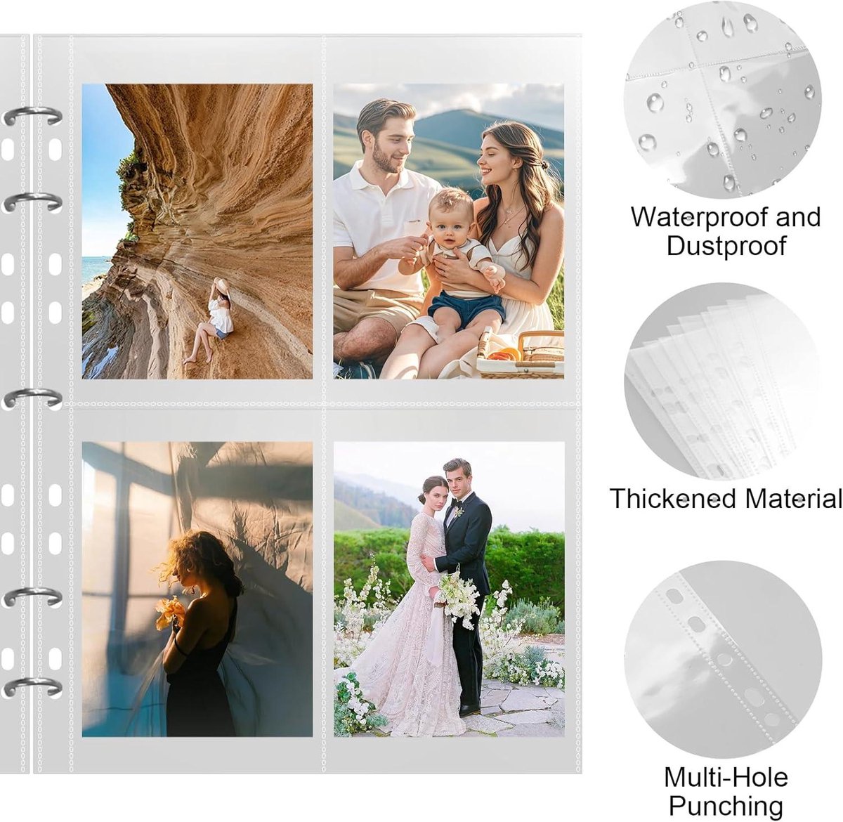 Pochettes Photo 30 A4 à Anneaux - 2 Et 4 Compartiments - Protège Pages Transparent Pour Photos Et Cartes Rangement Photo