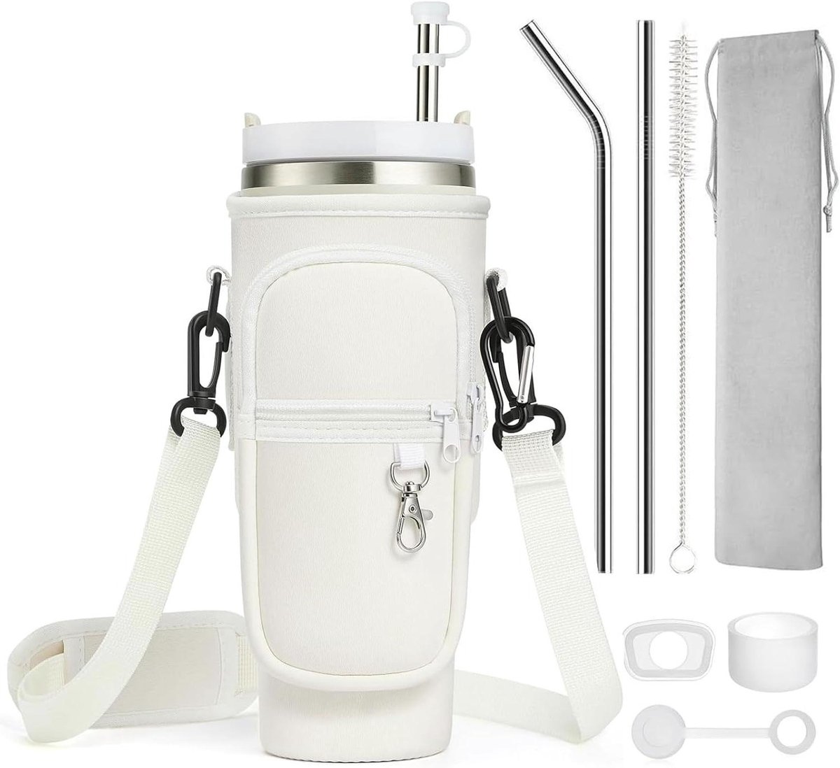 Allecto Plus - Drinkfleshouder tas voor Stanley Cup 100 ml met mobiele telefoon vak - Verstelbare riem - Reisaccessoires voor wandelen, fietsen, kamperen - Beige kleur - Handig en praktisch - Duurzaam materiaal