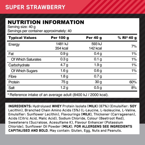 Optimum Nutrition Platinum Hydrowhey - Super Strawberry Eiwitshake - 100% Whey Isolaat Proteine Poeder - 1600 gram (40 shakes) — afbeelding 3